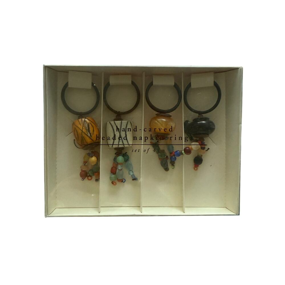 Pier 1 Imports Hand-Carved Beaded Napkin Rings Set of 4 Boho Table Decor NIB
